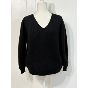 Jenni Kayne Black Ribbed V Neck Cashmere Wool Blend Sweater M